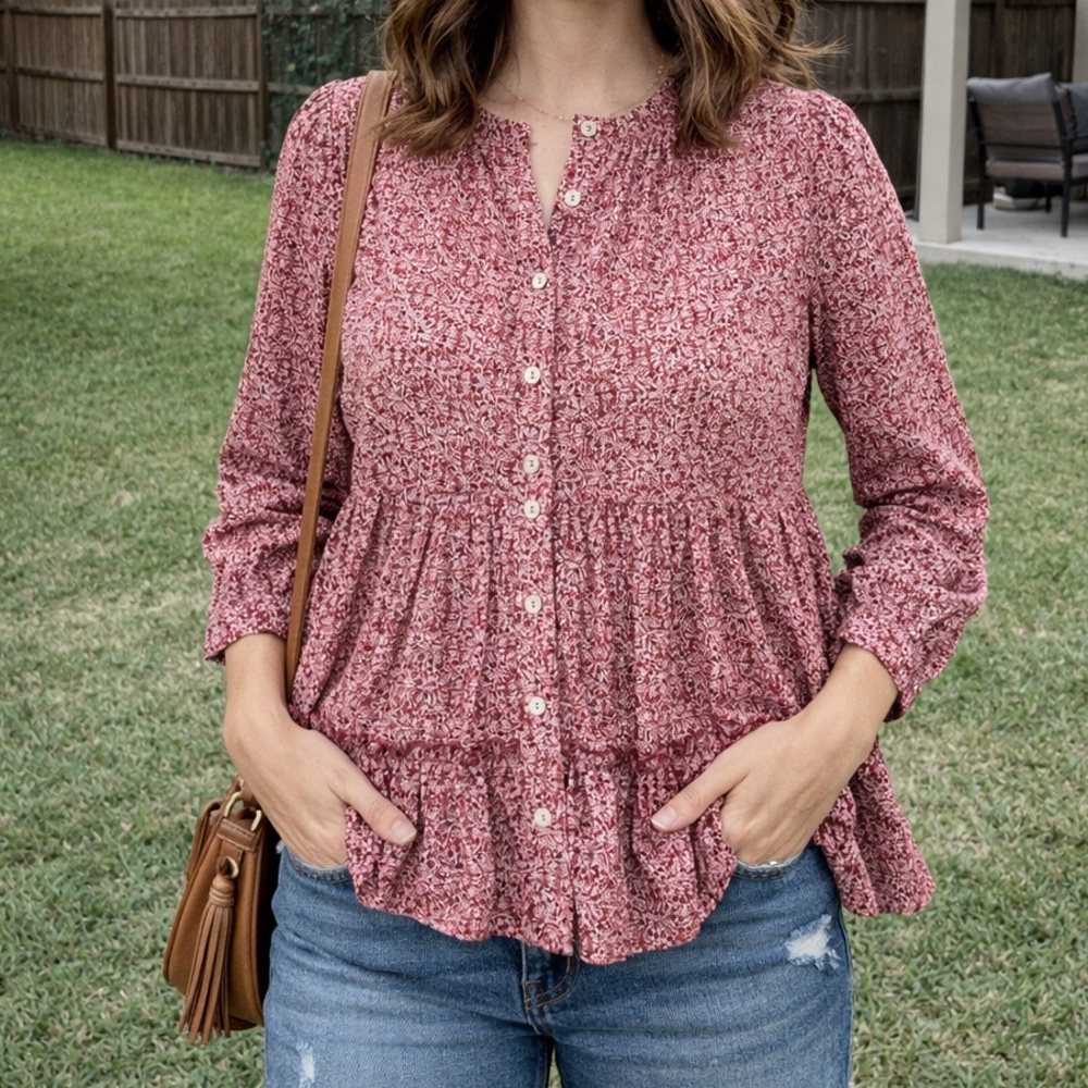 NWT Red Floral Ruffled Peplum Blouse Long Sleeve Boho Cottagecore